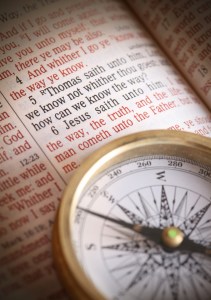 Compass and bible depicting popular bible verse John 14:5-6 How do we know the way. I am the way the truth and the life....etc. Focus to bible text